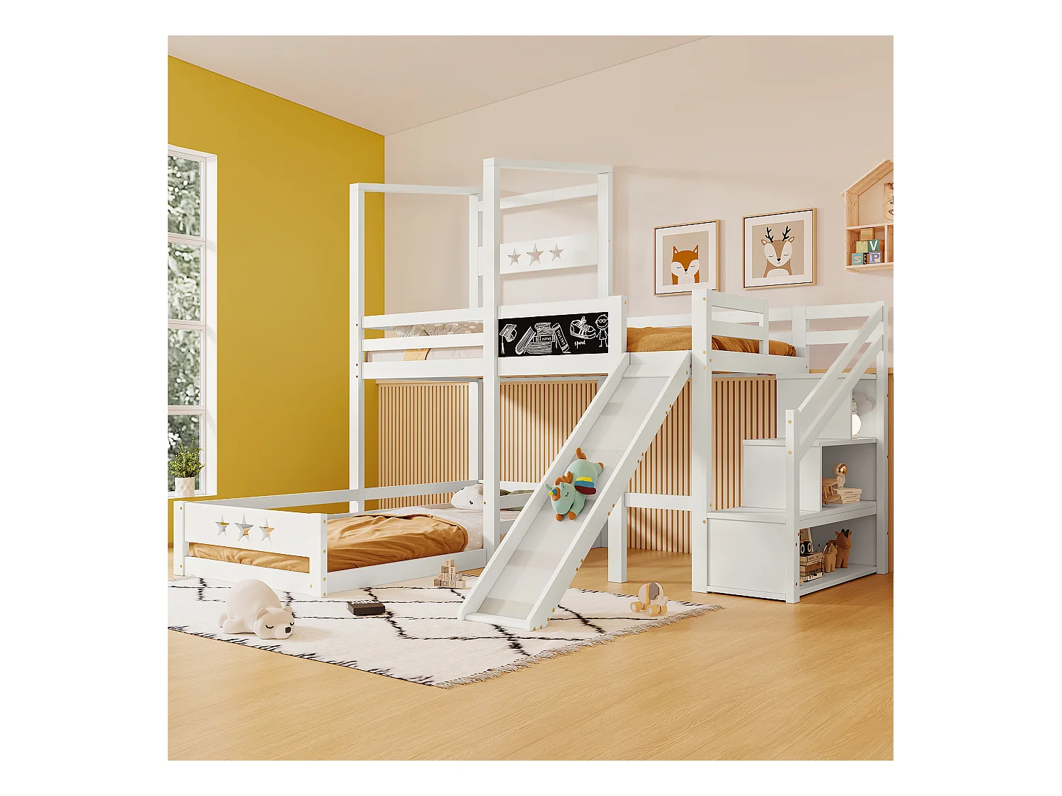 Lit enfant blanc lit superposé avec tableau noir et toboggan, escalier avec rangement, lit simple 90x200 cm avec protection antichute