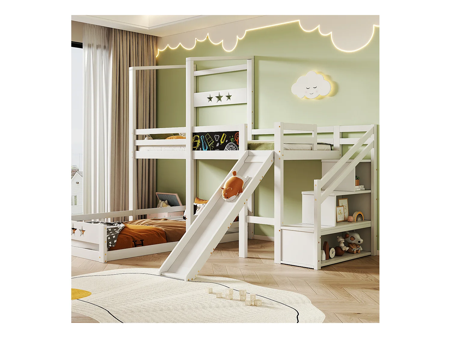 Lit enfant blanc lit superposé avec tableau noir et toboggan, escalier avec rangement, lit simple 90x200 cm avec protection antichute
