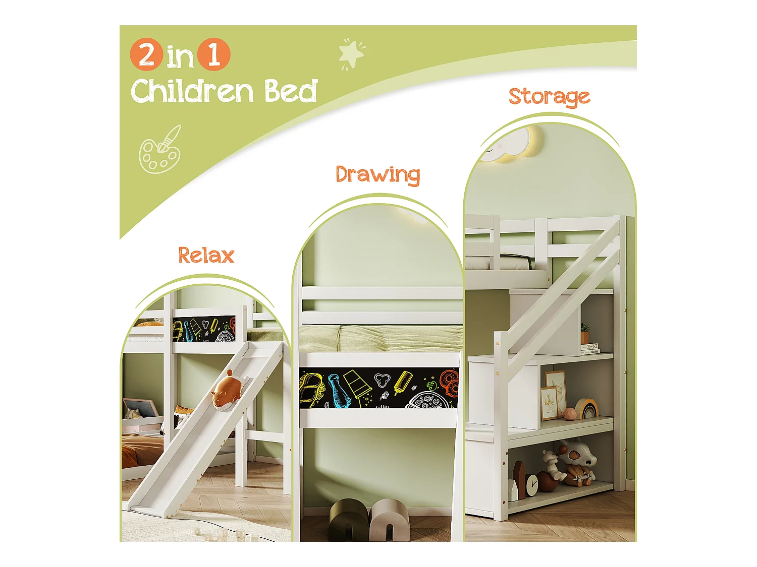 Lit enfant blanc lit superposé avec tableau noir et toboggan, escalier avec rangement, lit simple 90x200 cm avec protection antichute
