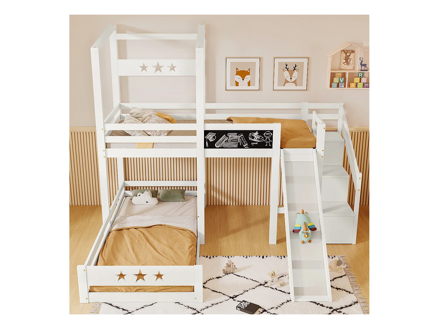Lit enfant blanc lit superposé avec tableau noir et toboggan, escalier avec rangement, lit simple 90x200 cm avec protection antichute