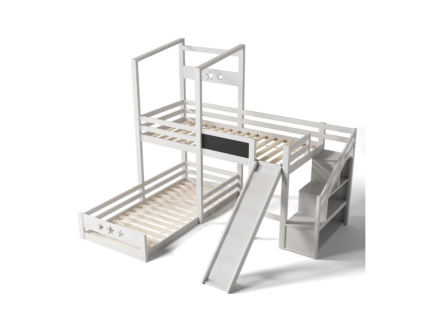 Lit enfant blanc lit superposé avec tableau noir et toboggan, escalier avec rangement, lit simple 90x200 cm avec protection antichute