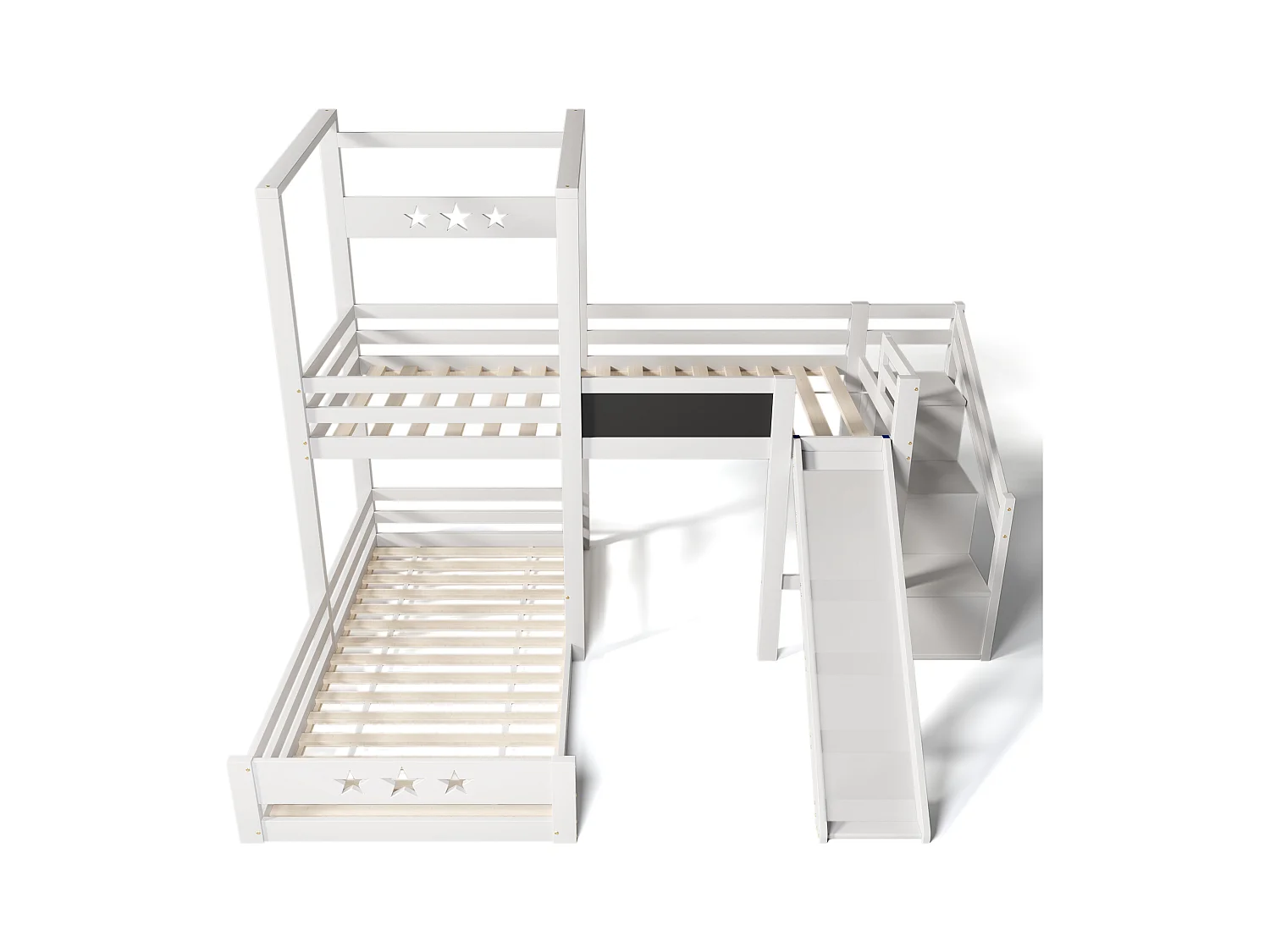 Lit enfant blanc lit superposé avec tableau noir et toboggan, escalier avec rangement, lit simple 90x200 cm avec protection antichute