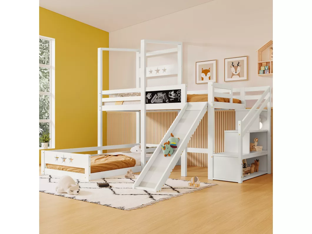 Kauf Unique Weißes Etagenbett für Kinder, mit Tafel und Rutsche, Treppe mit Stauraum, Einzelbett 90x200 cm, mit Absturzschutz