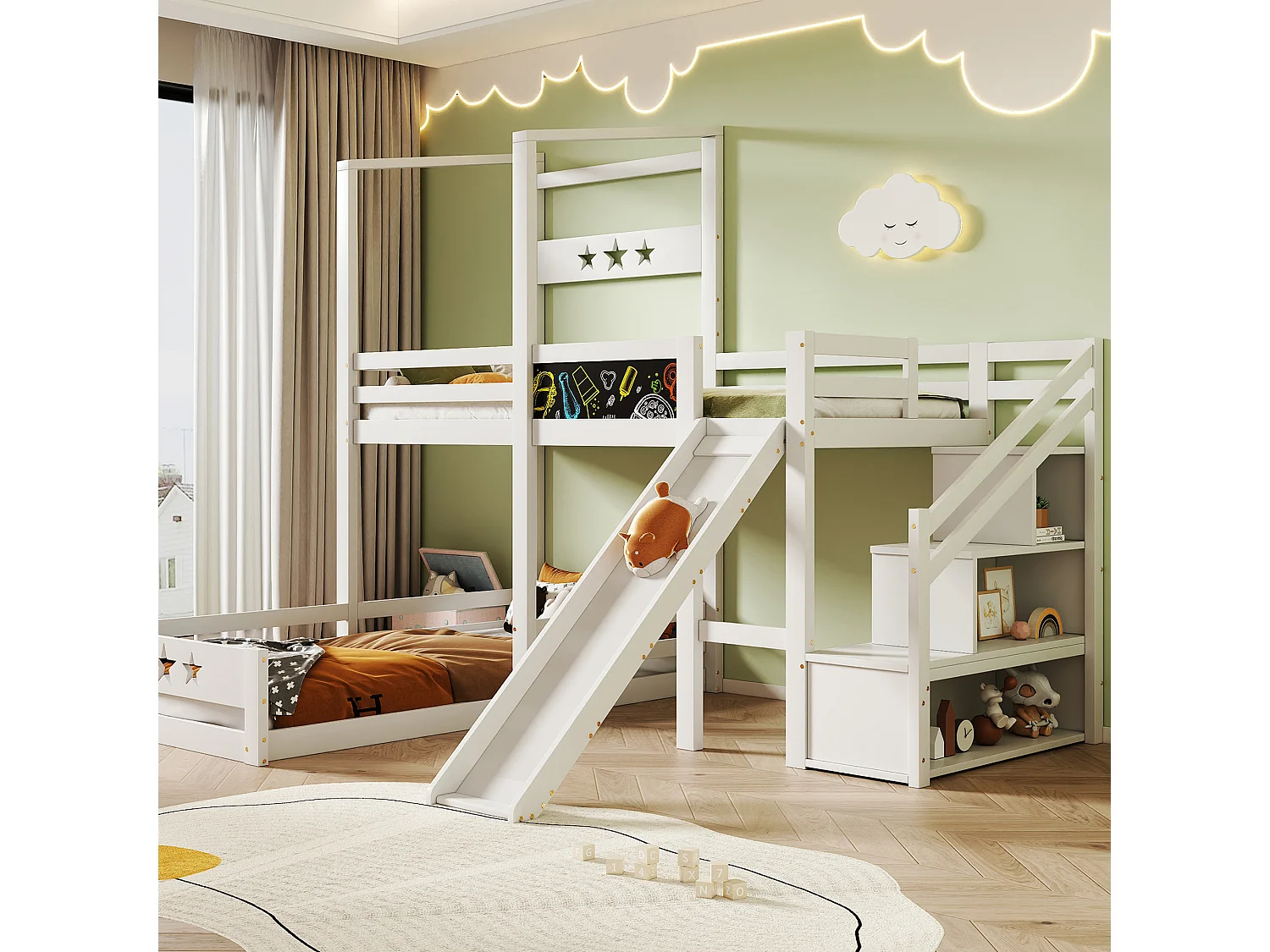 Lit enfant blanc lit superposé avec tableau noir et toboggan, escalier avec rangement, lit simple 90x200 cm avec protection antichute