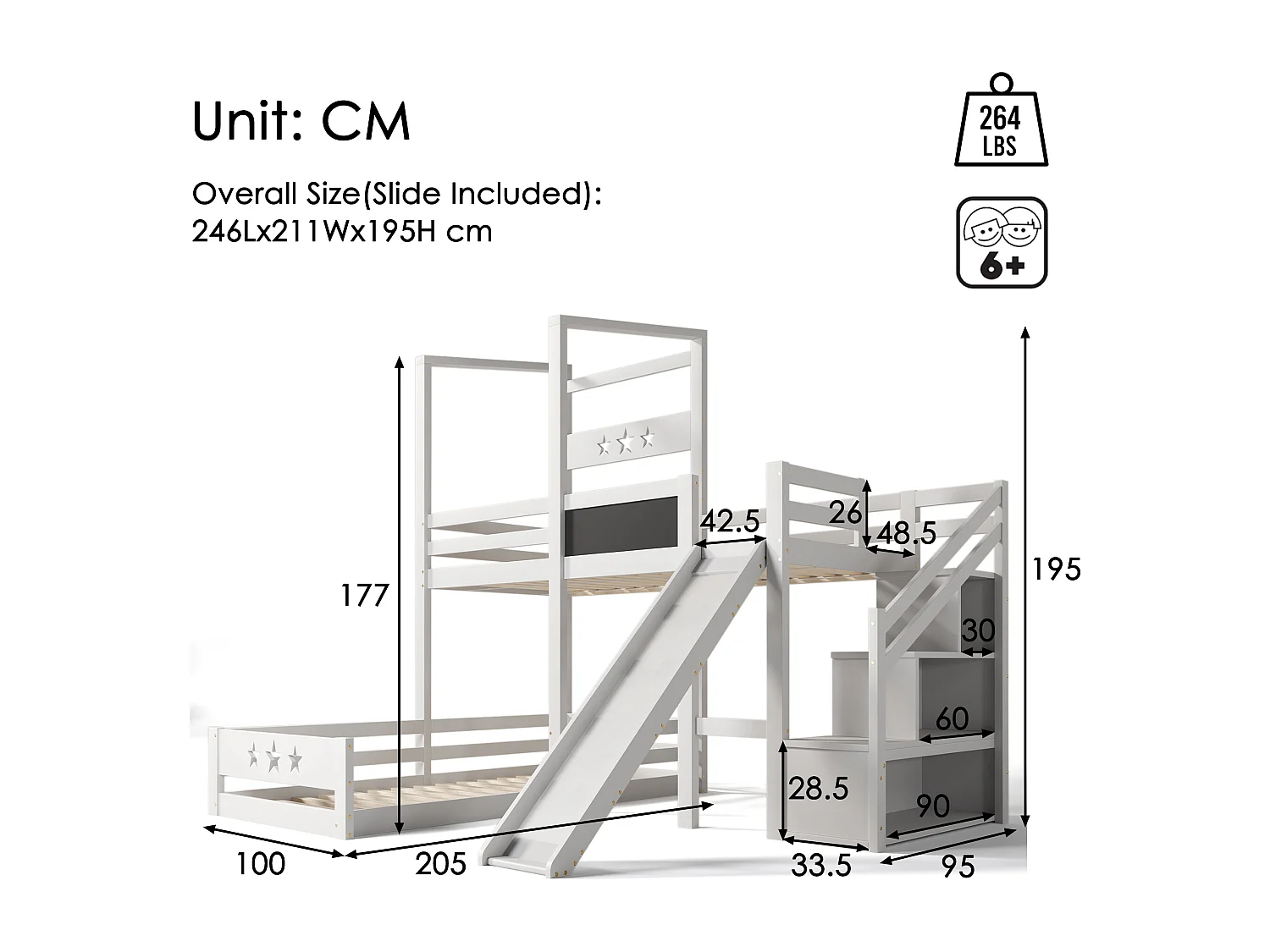 Lit enfant blanc lit superposé avec tableau noir et toboggan, escalier avec rangement, lit simple 90x200 cm avec protection antichute