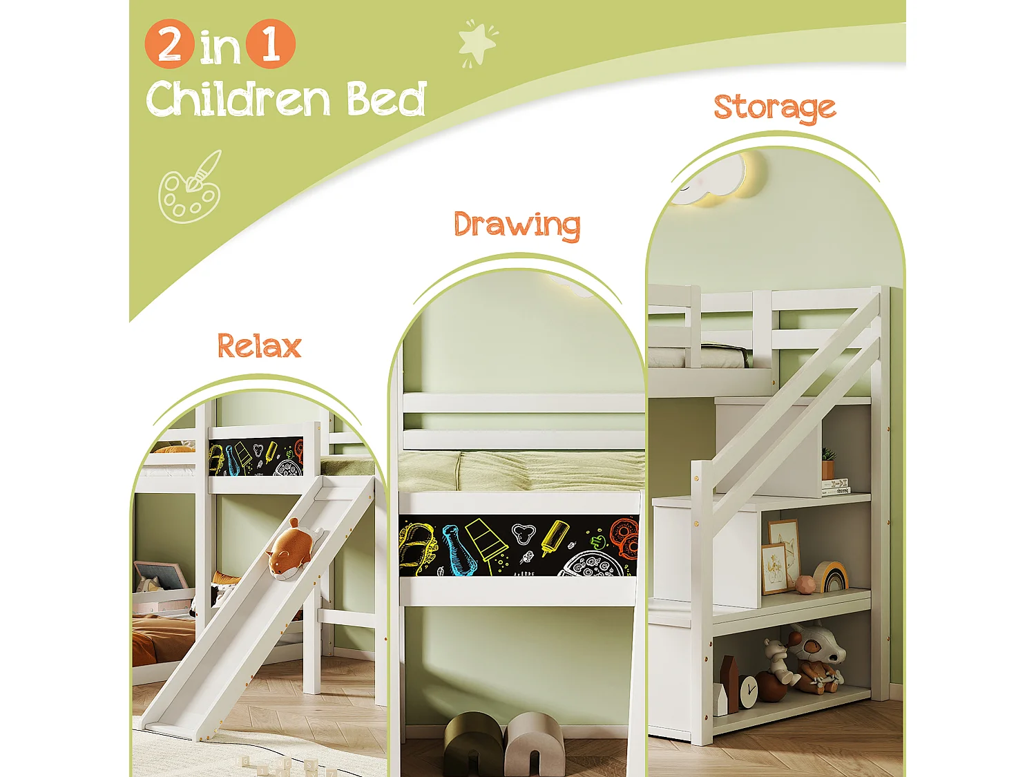 Lit enfant blanc lit superposé avec tableau noir et toboggan, escalier avec rangement, lit simple 90x200 cm avec protection antichute