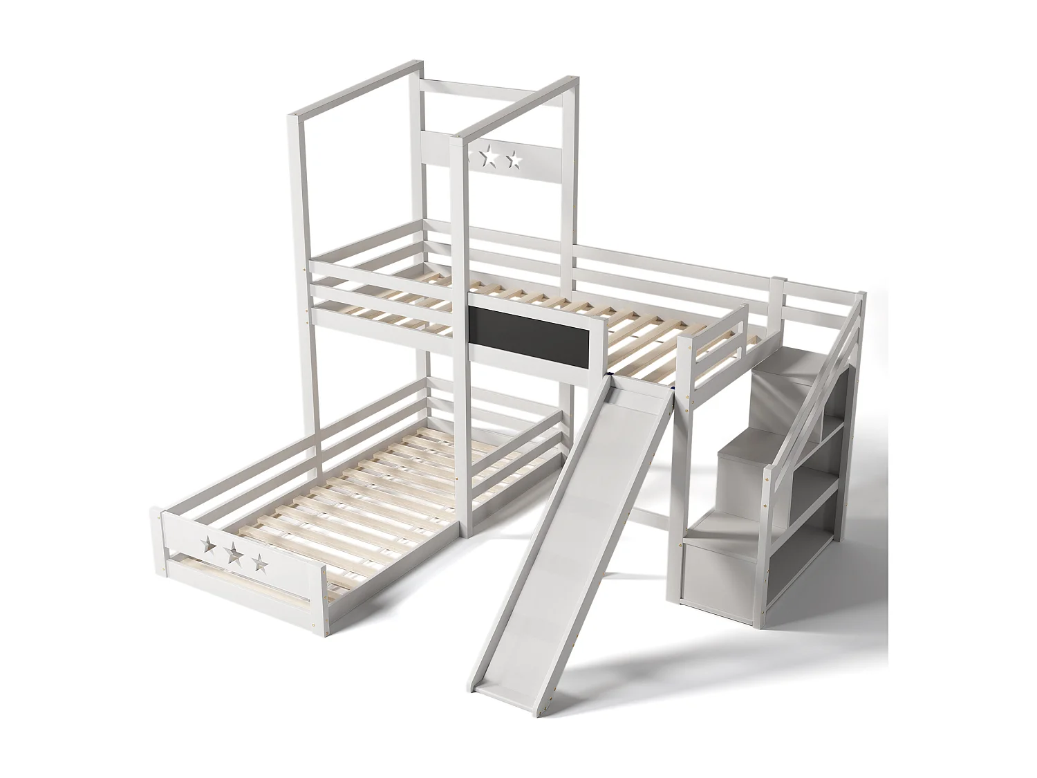 Lit enfant blanc lit superposé avec tableau noir et toboggan, escalier avec rangement, lit simple 90x200 cm avec protection antichute