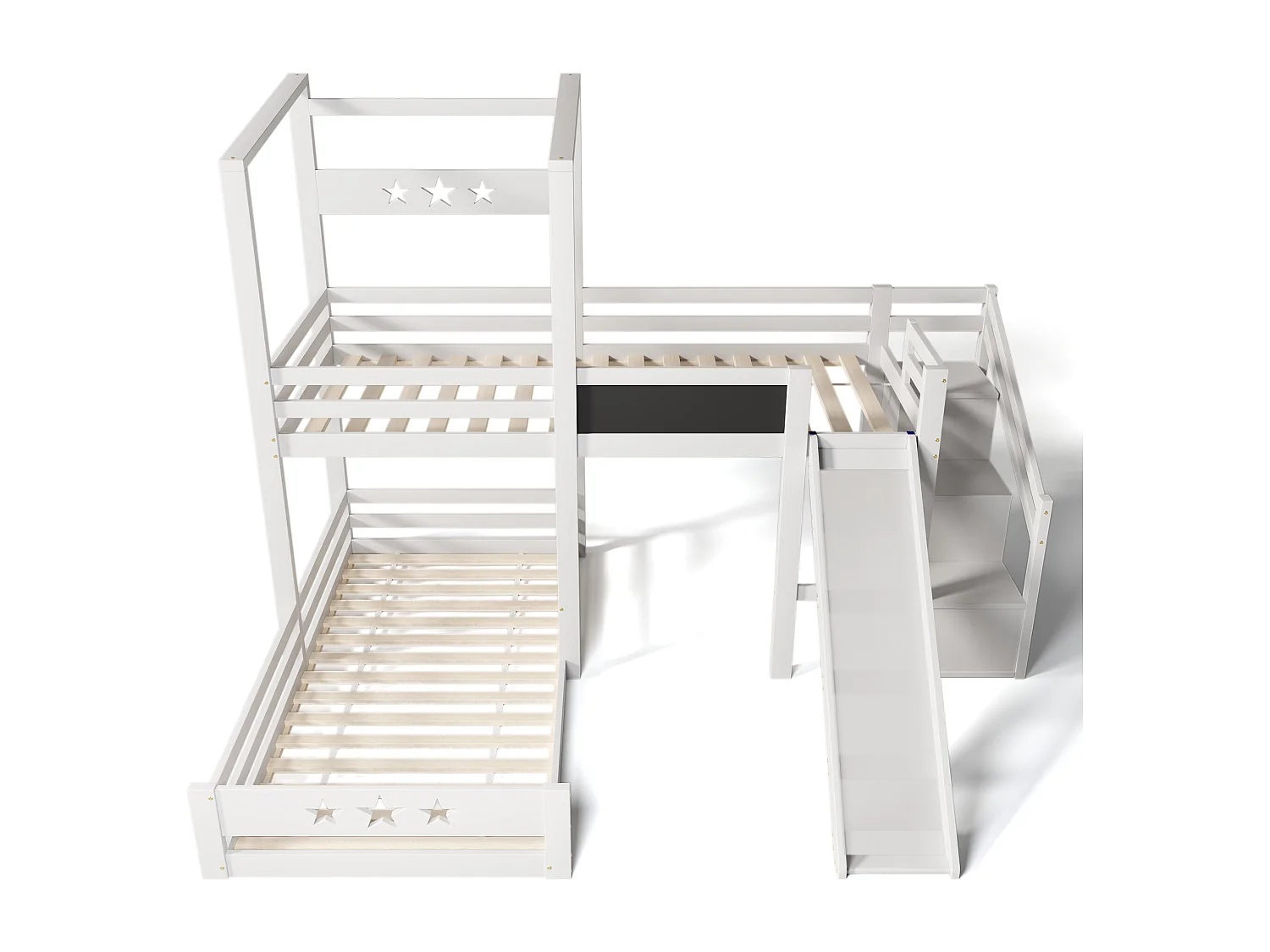 Lit enfant blanc lit superposé avec tableau noir et toboggan, escalier avec rangement, lit simple 90x200 cm avec protection antichute