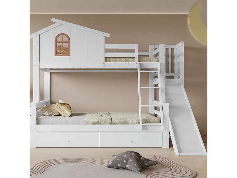 Hochbett aus weißem Massivholz mit charakteristischem Fenster, Rutsche und zwei Schubladen, Kinderbett und Mutterbett, 90 x 200 cm und 120 x 200 cm