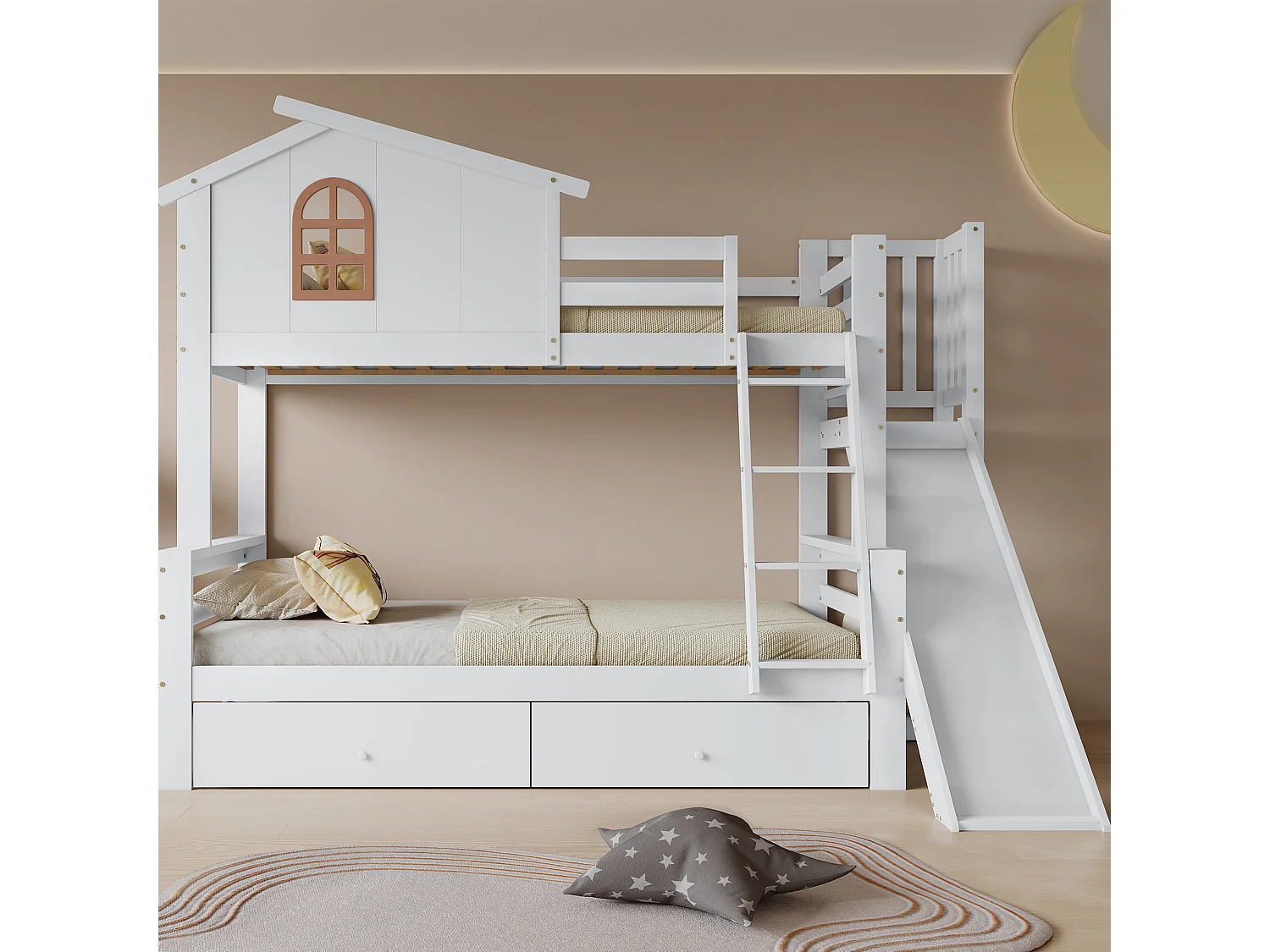 Hochbett aus weißem Massivholz mit charakteristischem Fenster, Rutsche und zwei Schubladen, Kinderbett und Mutterbett, 90 x 200 cm und 120 x 200 cm