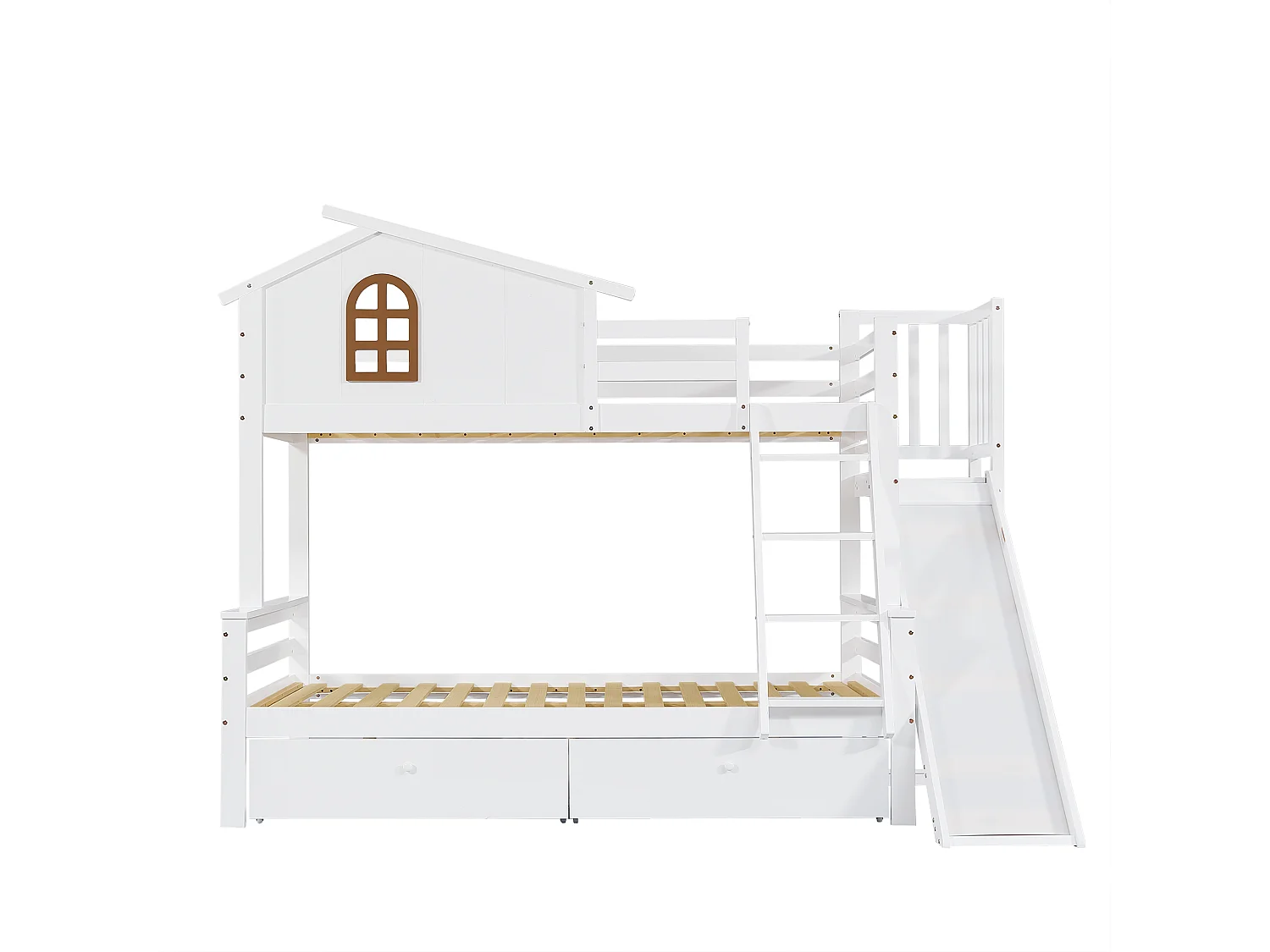 Litera de madera maciza blanca con ventana característica, tobogán y dos cajones, cama infantil y cama para la madre, 90 x 200 y 120 x 200 cm.