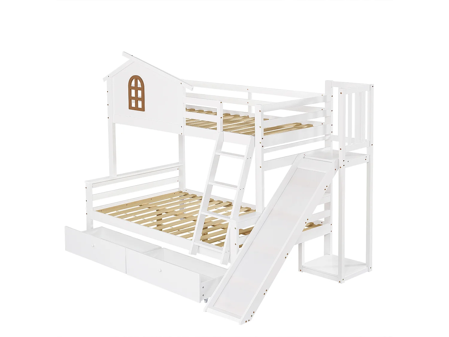 Litera de madera maciza blanca con ventana característica, tobogán y dos cajones, cama infantil y cama para la madre, 90 x 200 y 120 x 200 cm.