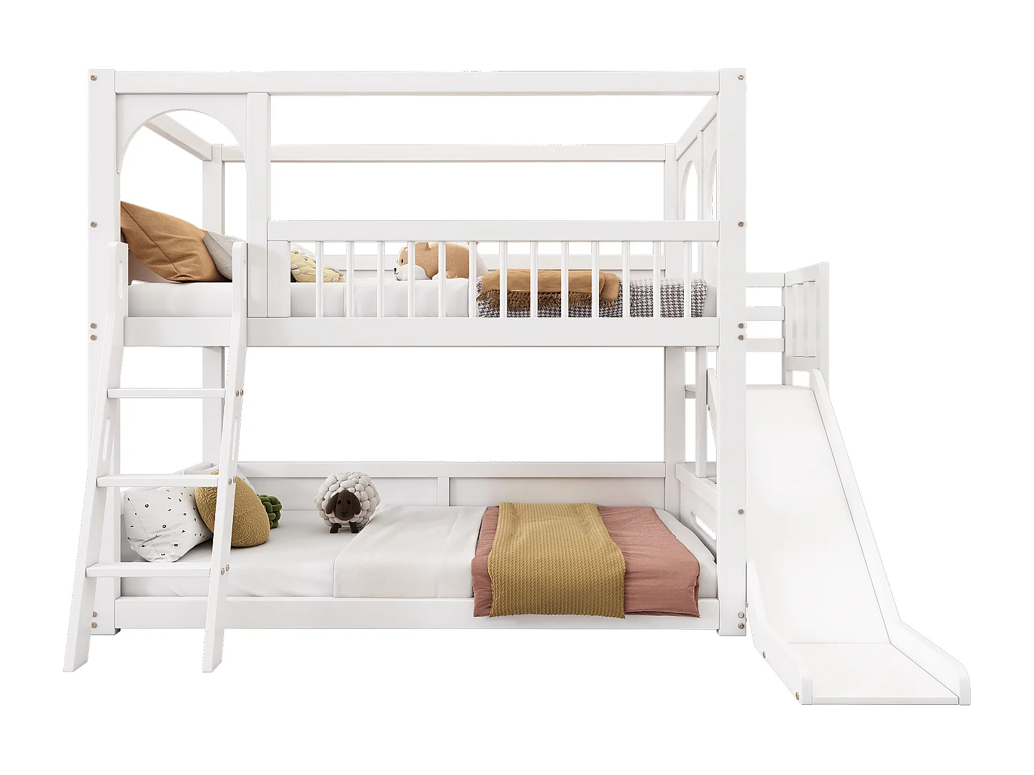 Lit superposé double 90 * 200 pour les enfants blancs, lit d'enfant multifonctionnel avec support de rangement, toboggan, sans matelas