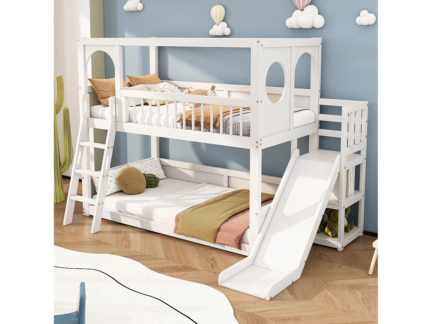 Lit superposé double 90 * 200 pour les enfants blancs, lit d'enfant multifonctionnel avec support de rangement, toboggan, sans matelas
