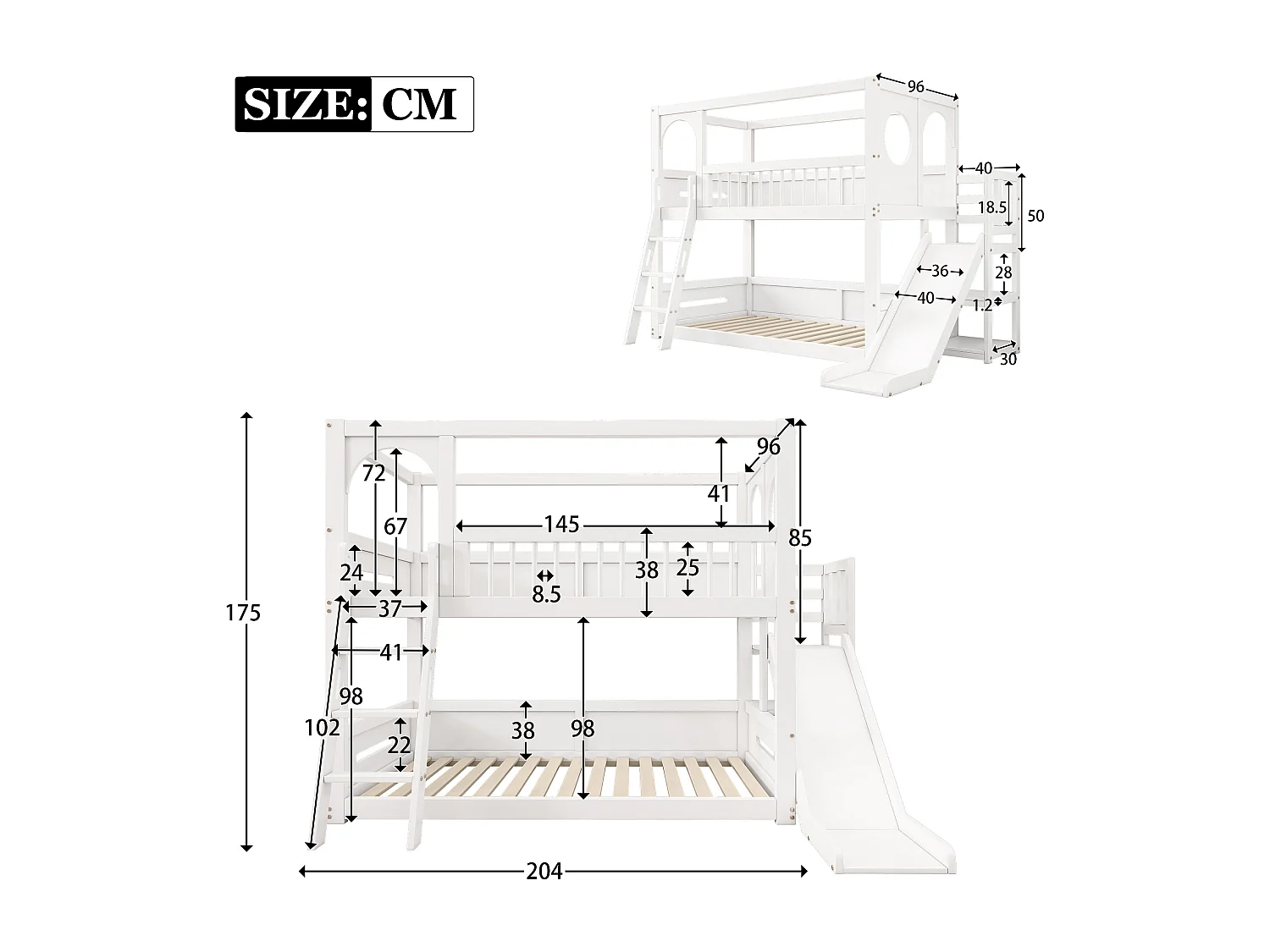 Lit superposé double 90 * 200 pour les enfants blancs, lit d'enfant multifonctionnel avec support de rangement, toboggan, sans matelas