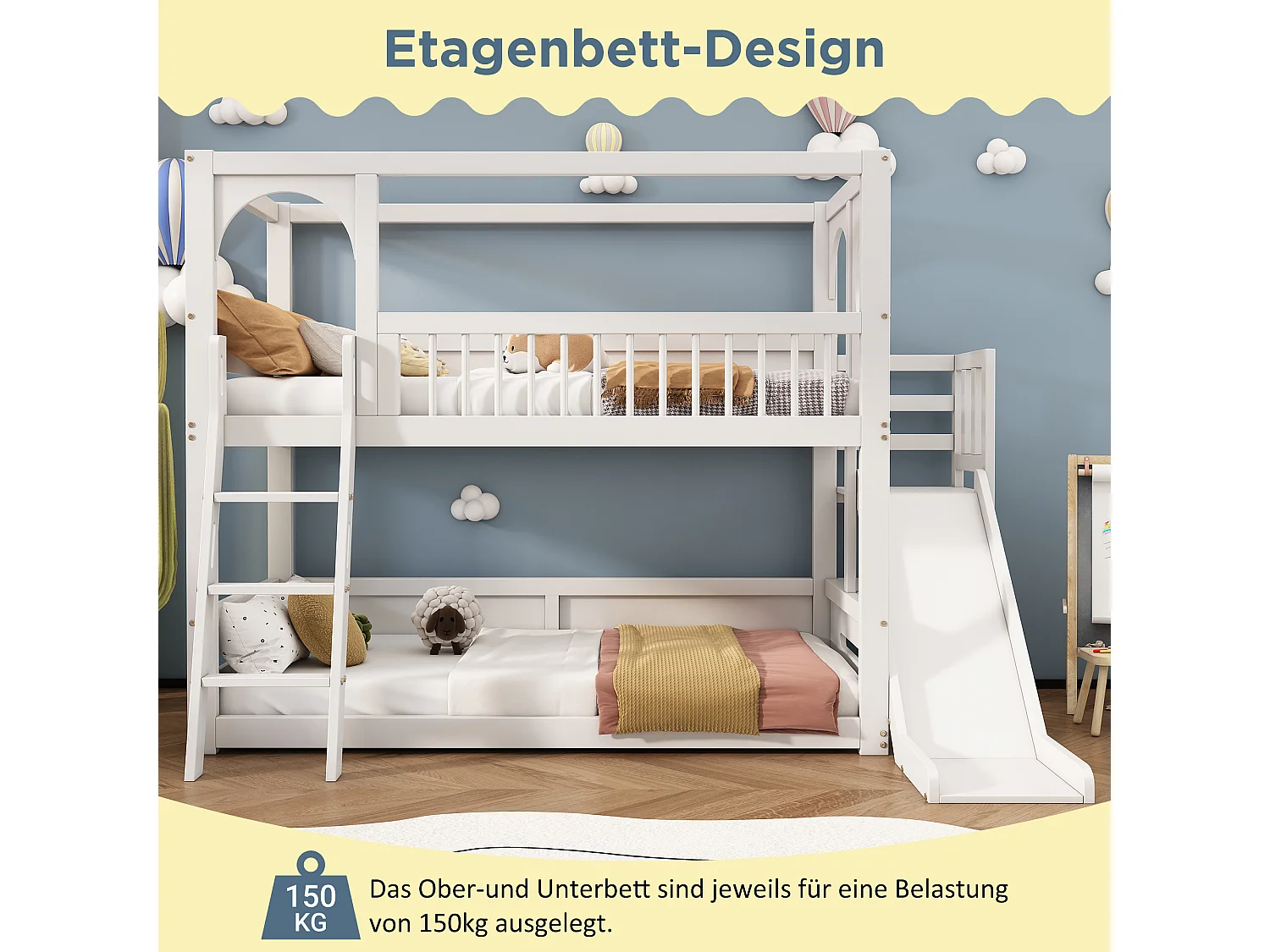 Lit superposé double 90 * 200 pour les enfants blancs, lit d'enfant multifonctionnel avec support de rangement, toboggan, sans matelas