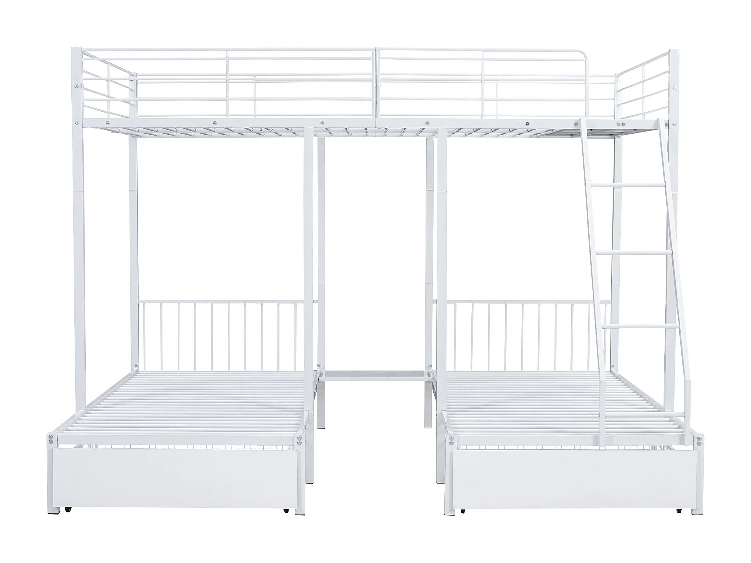 Litera triple blanca con cajones, somier metálico, convertible en una cama doble de 140 x 200 y dos camas individuales de 90 x 200