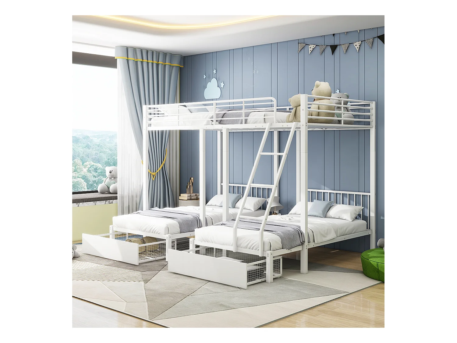 Blanc triple lit superposé avec tiroirs, cadre de lit en métal, convertible en lit double 140 x 200 et deux lits simples 90 x 200