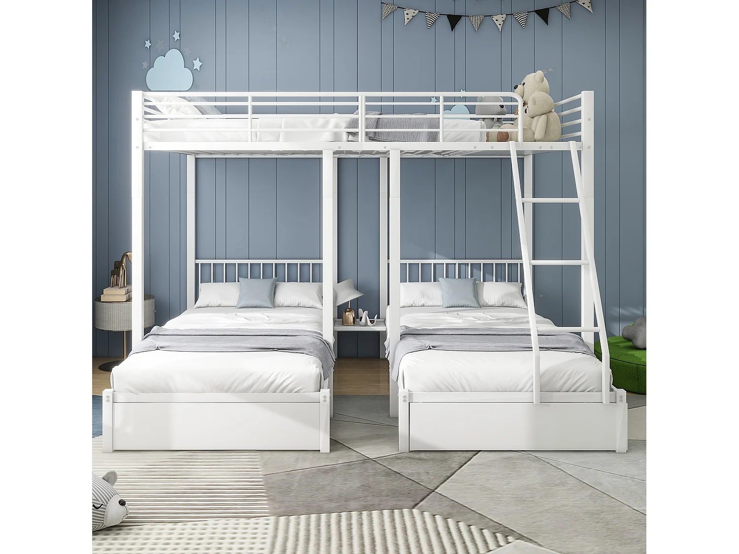 Blanc triple lit superposé avec tiroirs, cadre de lit en métal, convertible en lit double 140 x 200 et deux lits simples 90 x 200