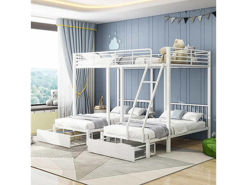 Blanc triple lit superposé avec tiroirs, cadre de lit en métal, convertible en lit double 140 x 200 et deux lits simples 90 x 200