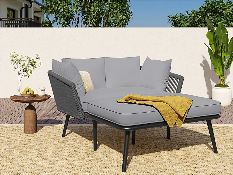 Sonnenliege, Gartensofa – verzinkter Stahl und geflochtenes Seil – 2 Plätze – Grau