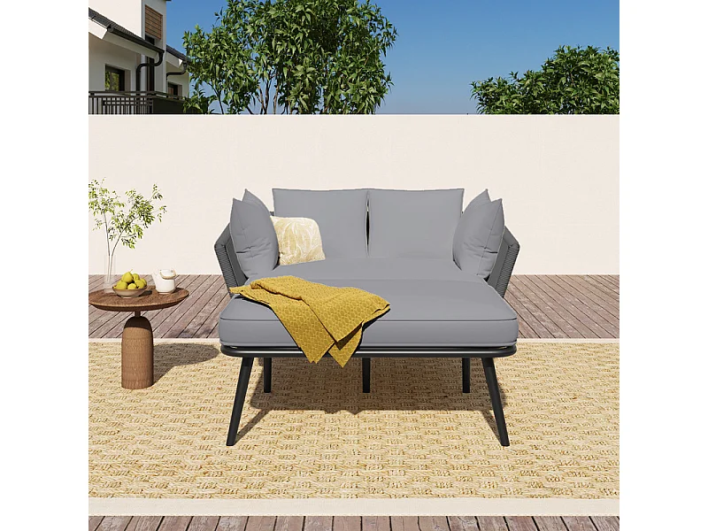 Sonnenliege, Gartensofa – verzinkter Stahl und geflochtenes Seil – 2 Plätze – Grau