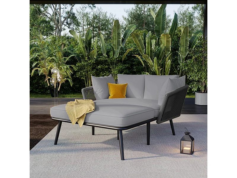 Sonnenliege, Gartensofa – verzinkter Stahl und geflochtenes Seil – 2 Plätze – Grau