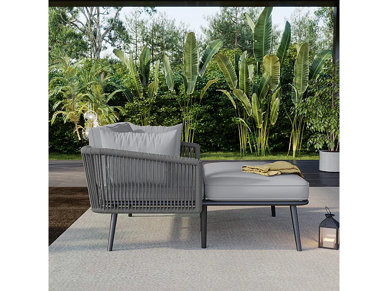 Sonnenliege, Gartensofa – verzinkter Stahl und geflochtenes Seil – 2 Plätze – Grau