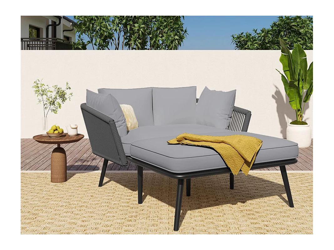 Bain de soleil，canapé de jardin - en acier galvanisé et corde tressé - 2 places - Gris