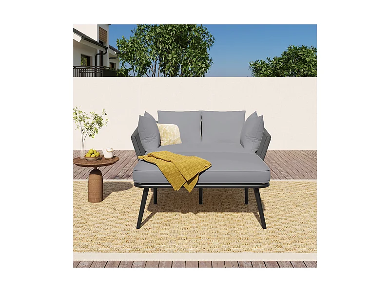 Bain de soleil,canapé de jardin - en acier galvanisé et corde tressé - 2 places - Gris