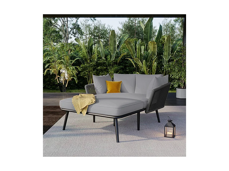 Bain de soleil,canapé de jardin - en acier galvanisé et corde tressé - 2 places - Gris