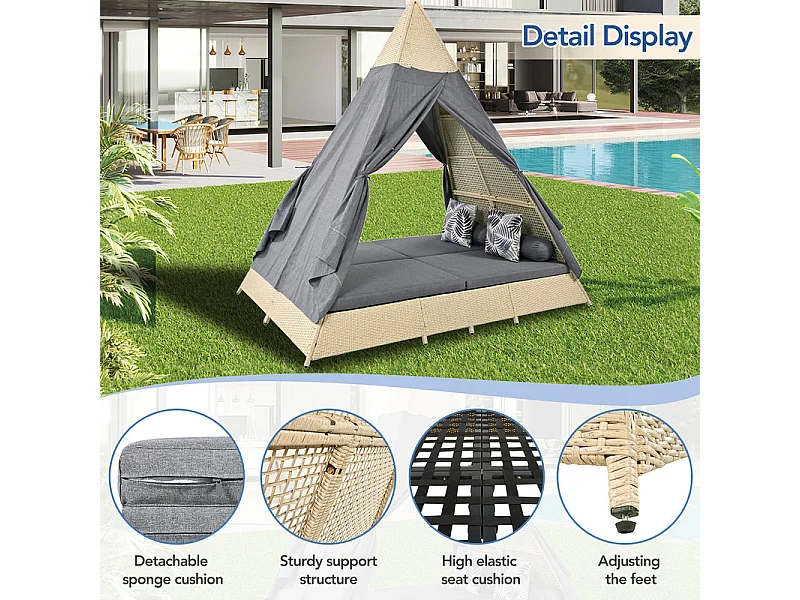 Tuinbed - rotan tent voor 2 personen - met gordijn en kussens - Beige