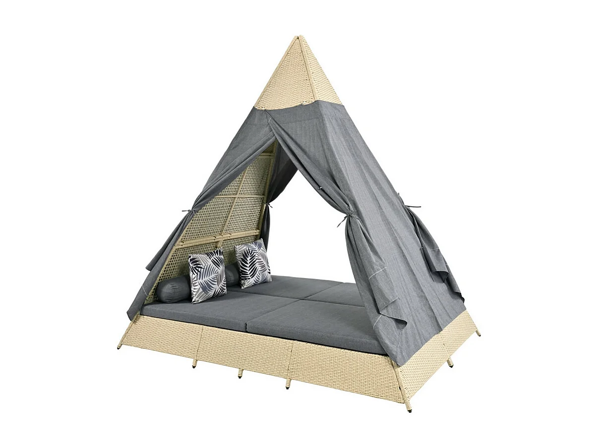 Tuinbed - rotan tent voor 2 personen - met gordijn en kussens - Beige