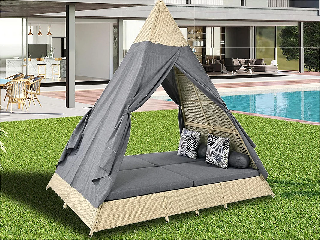 Lit de jardin - tente en rotin pour 2 personnes - avec rideau et coussins - Beige