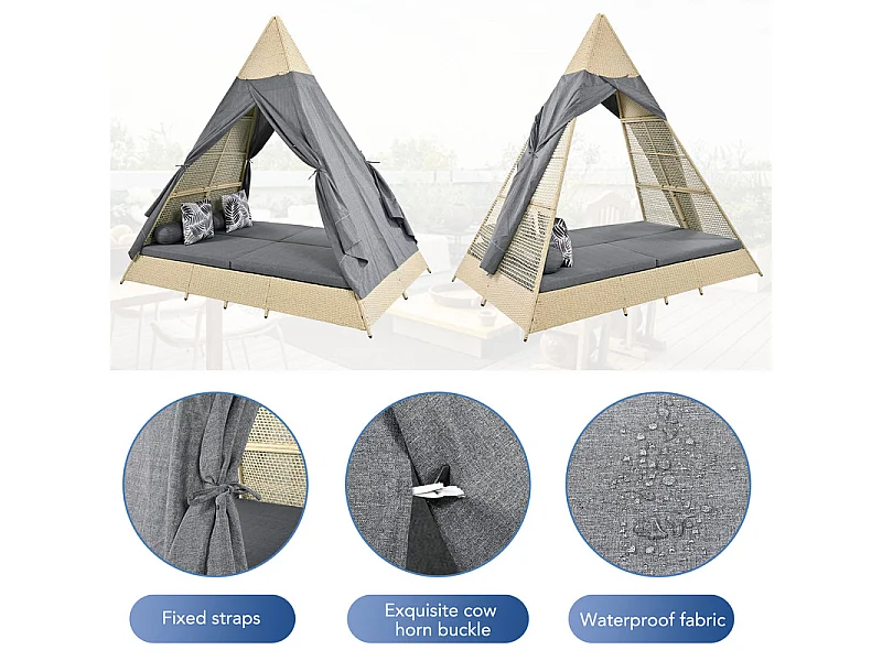 Lit de jardin - tente en rotin pour 2 personnes - avec rideau et coussins - Beige