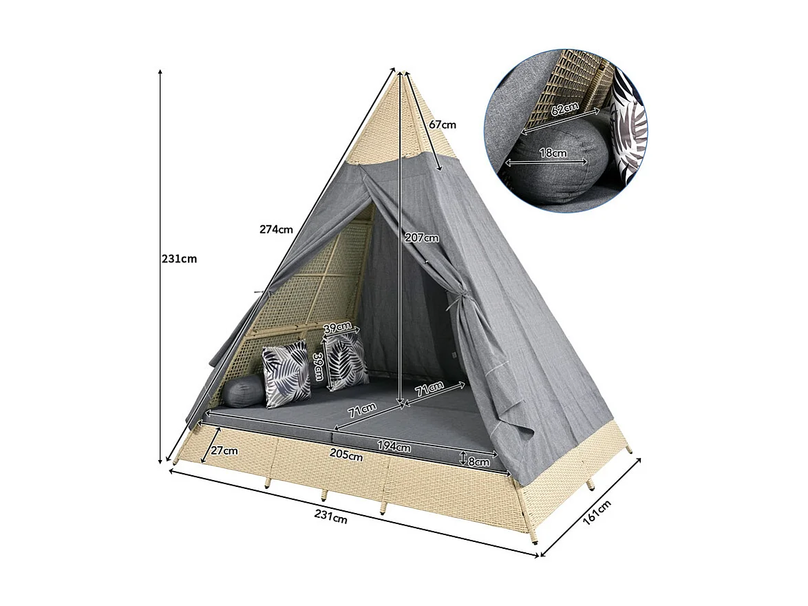 Lit de jardin - tente en rotin pour 2 personnes - avec rideau et coussins - Beige