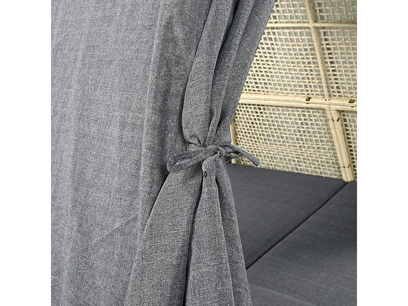 Lit de jardin - tente en rotin pour 2 personnes - avec rideau et coussins - Beige