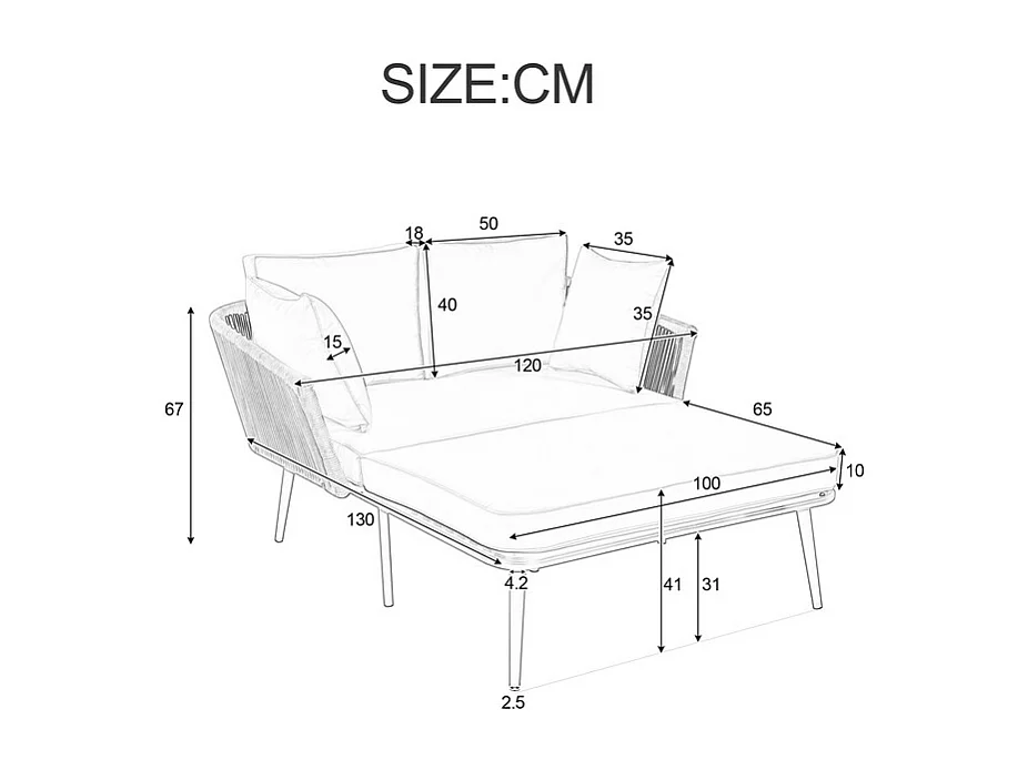 Lettino prendisole, divano da giardino - acciaio zincato e corda intrecciata - 2 posti - Beige
