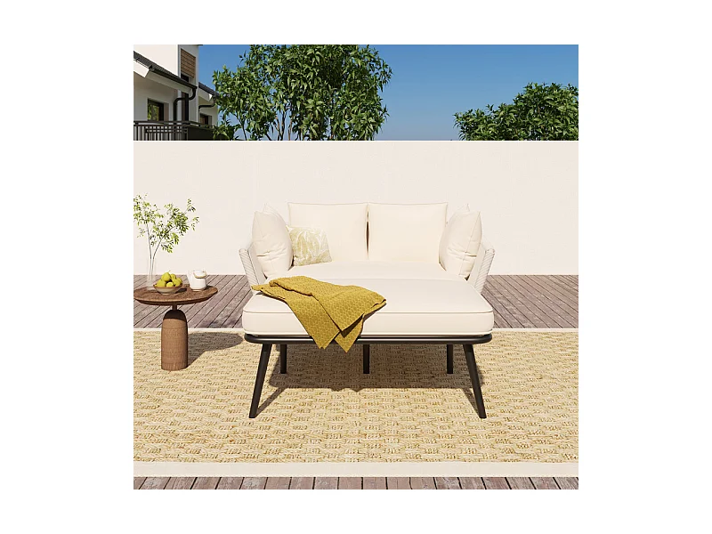 Bain de soleil,canapé de jardin - en acier galvanisé et corde tressé - 2 places - Beige