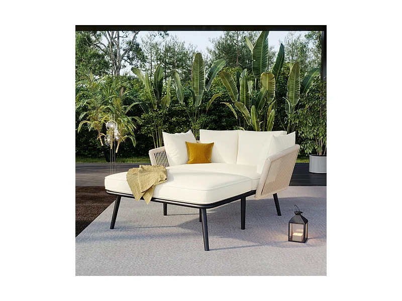 Bain de soleil,canapé de jardin - en acier galvanisé et corde tressé - 2 places - Beige