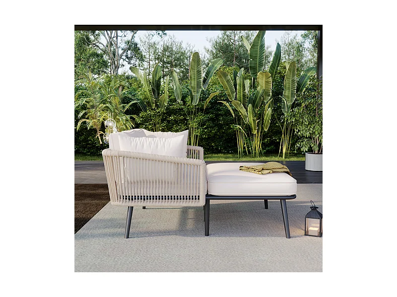 Bain de soleil,canapé de jardin - en acier galvanisé et corde tressé - 2 places - Beige