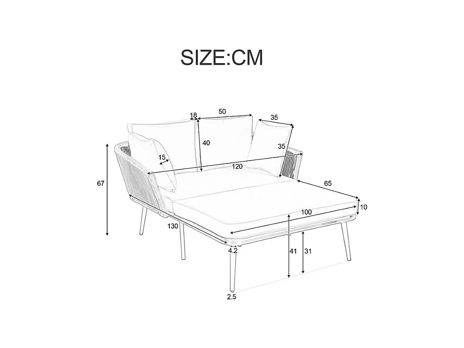 Bain de soleil,canapé de jardin - en acier galvanisé et corde tressé - 2 places - Beige