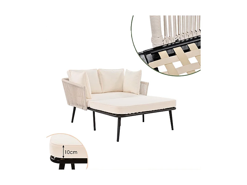 Bain de soleil,canapé de jardin - en acier galvanisé et corde tressé - 2 places - Beige