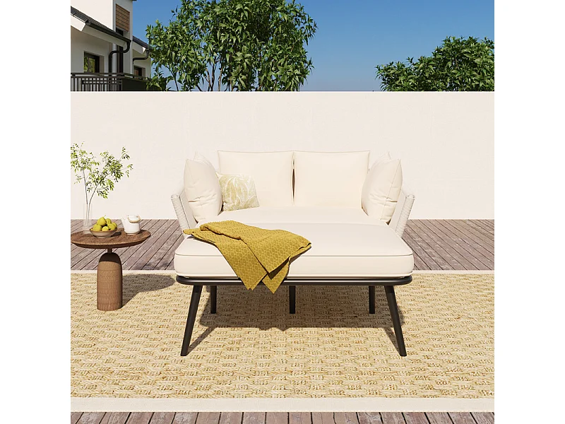 Sonnenliege, Gartensofa – verzinkter Stahl und geflochtenes Seil – 2 Plätze – Beige
