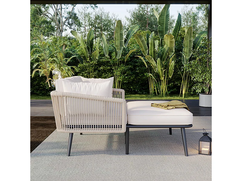 Sonnenliege, Gartensofa – verzinkter Stahl und geflochtenes Seil – 2 Plätze – Beige