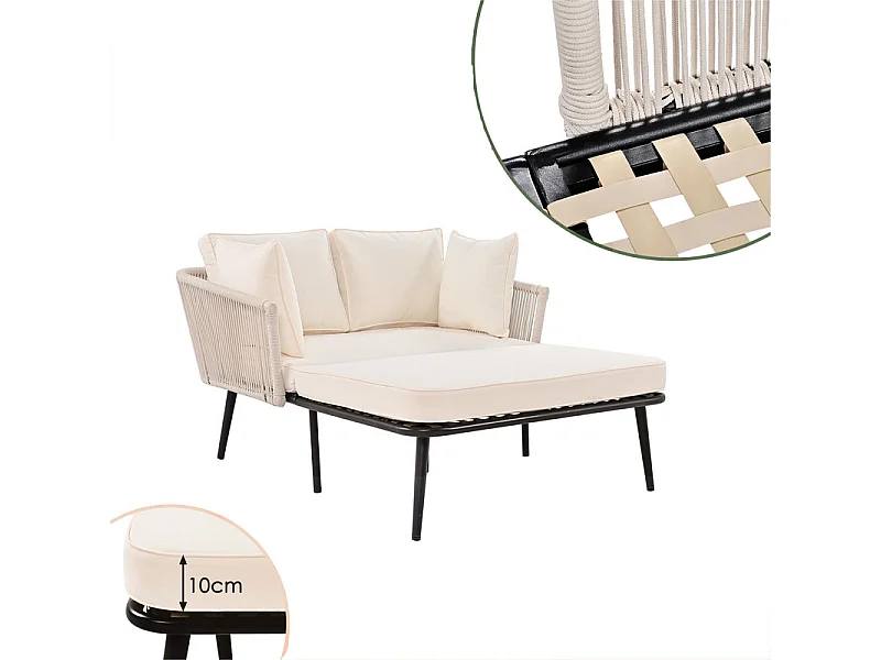 Sonnenliege, Gartensofa – verzinkter Stahl und geflochtenes Seil – 2 Plätze – Beige