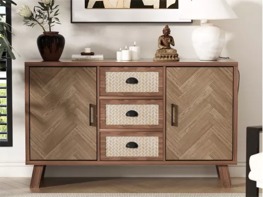 Kauf Unique Niedriges Sideboard – 3 Schubladen und 2 Türen – Beine aus Massivholz – Natur