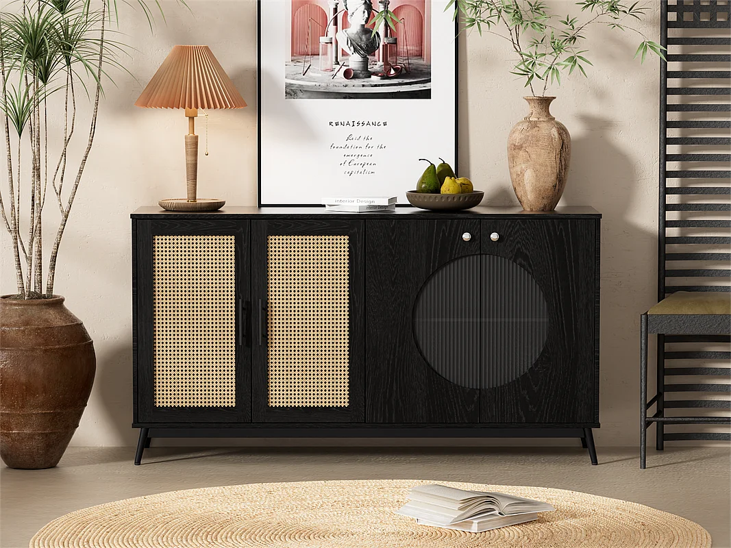 Buffet bas - 2 portes vitrées et 2 portes en rotin - Noir