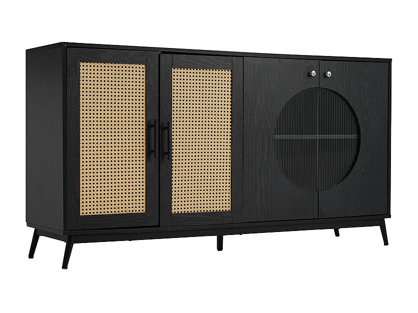 Buffet bas - 2 portes vitrées et 2 portes en rotin - Noir