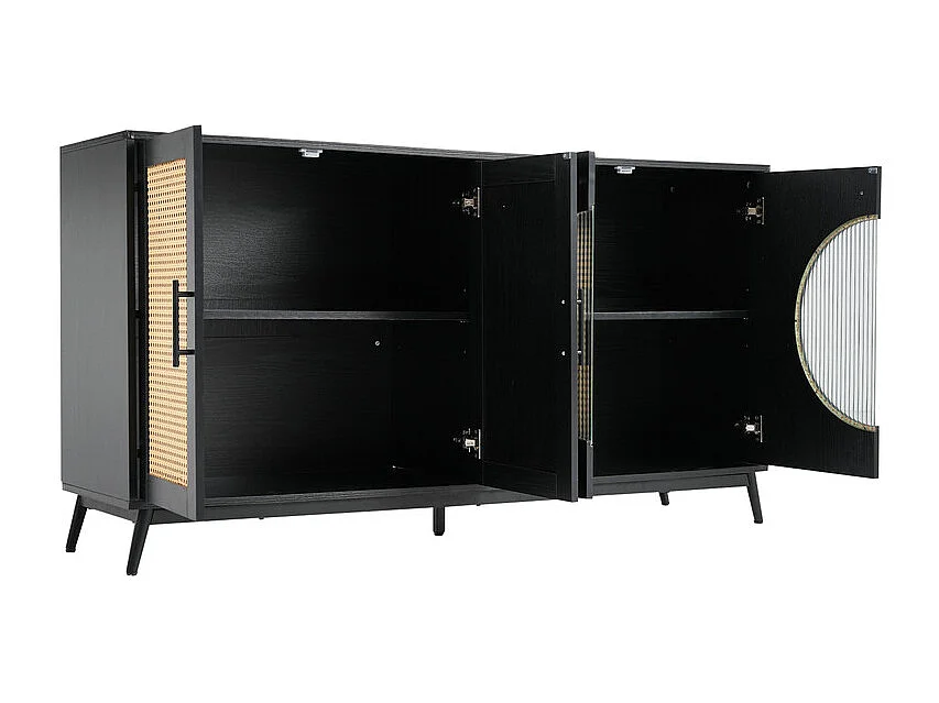 Buffet bas - 2 portes vitrées et 2 portes en rotin - Noir